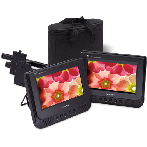 D7121ESK - 7 inch dual-screen portable DVD player with headrest mount and carry bag