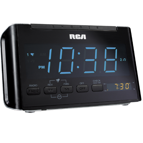 RC46 - Auto time set, dual wake clock radio with 1.4 inch blue display